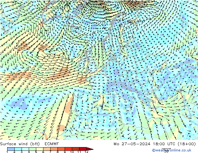 Wind 10 m (bft) ECMWF ma 27.05.2024 18 UTC