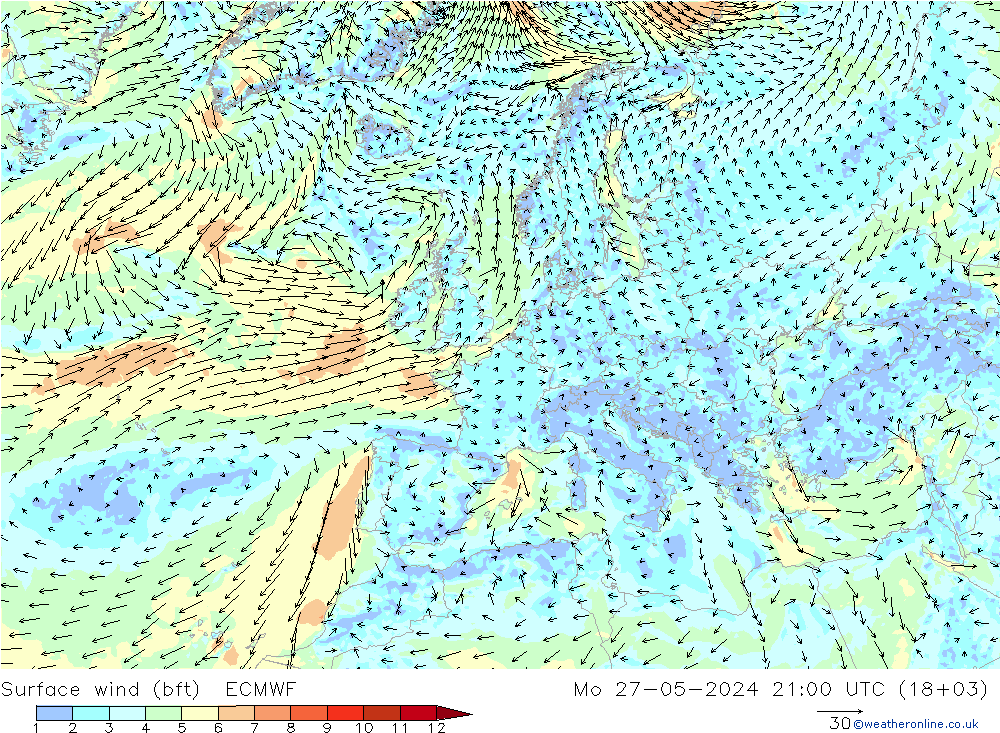 wiatr 10 m (bft) ECMWF pon. 27.05.2024 21 UTC