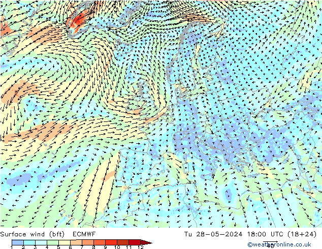 Bodenwind (bft) ECMWF Di 28.05.2024 18 UTC