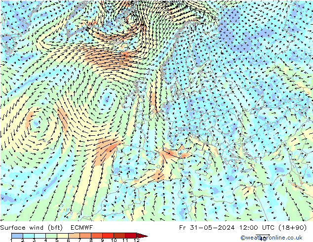 Bodenwind (bft) ECMWF Fr 31.05.2024 12 UTC