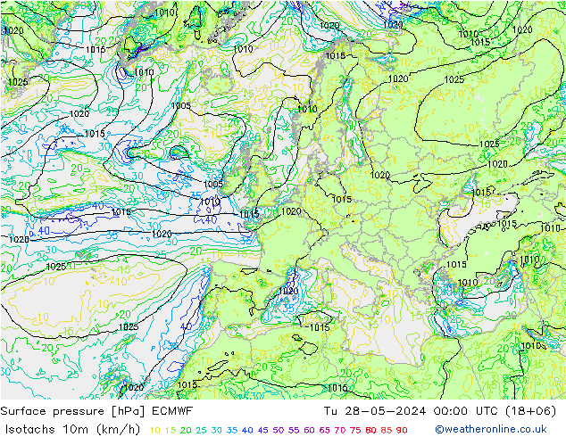 Isotaca (kph) ECMWF mar 28.05.2024 00 UTC