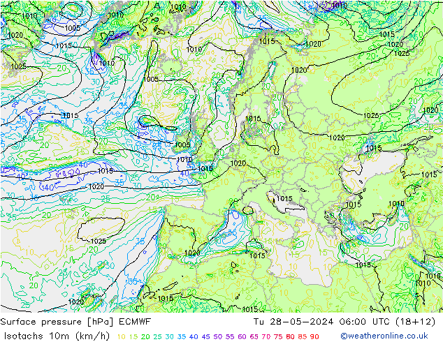 Isotachs (kph) ECMWF Ter 28.05.2024 06 UTC