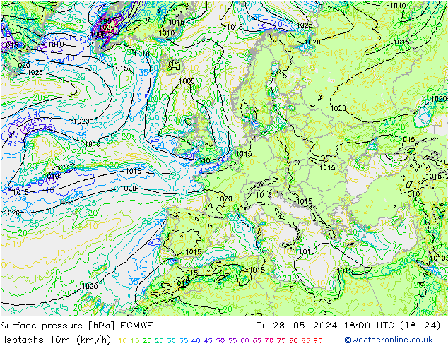 Isotachs (kph) ECMWF вт 28.05.2024 18 UTC