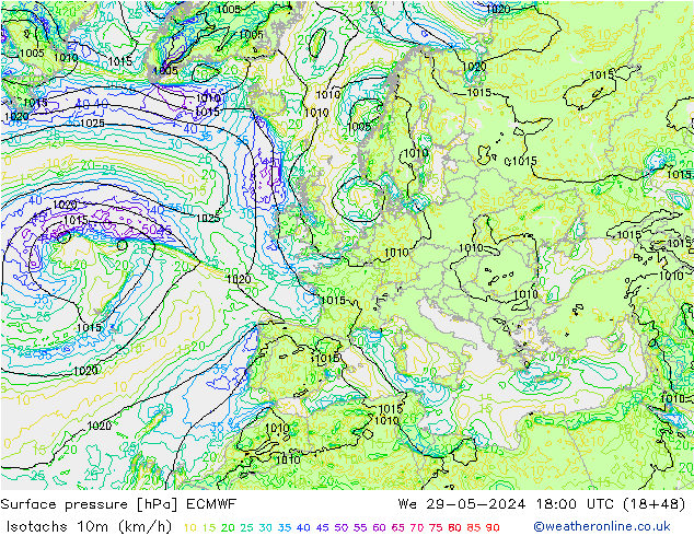 Isotachs (kph) ECMWF  29.05.2024 18 UTC