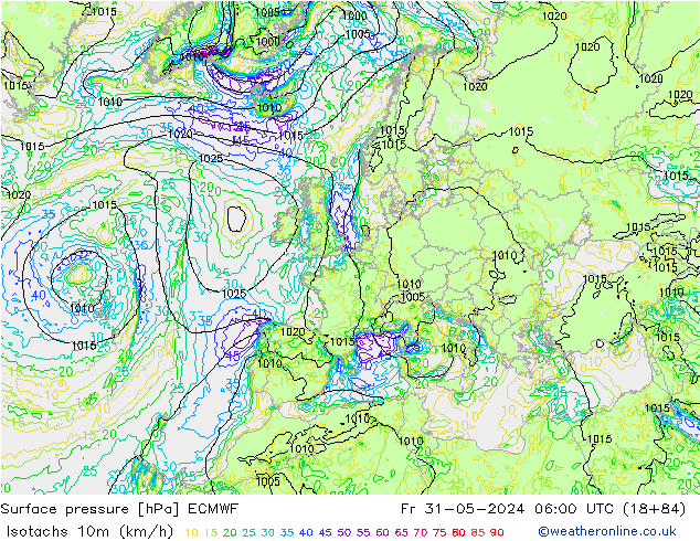 Isotachs (kph) ECMWF Fr 31.05.2024 06 UTC