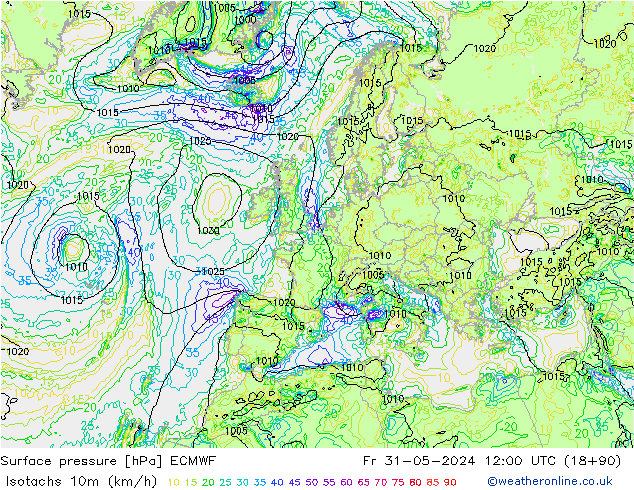 Isotachs (kph) ECMWF Fr 31.05.2024 12 UTC