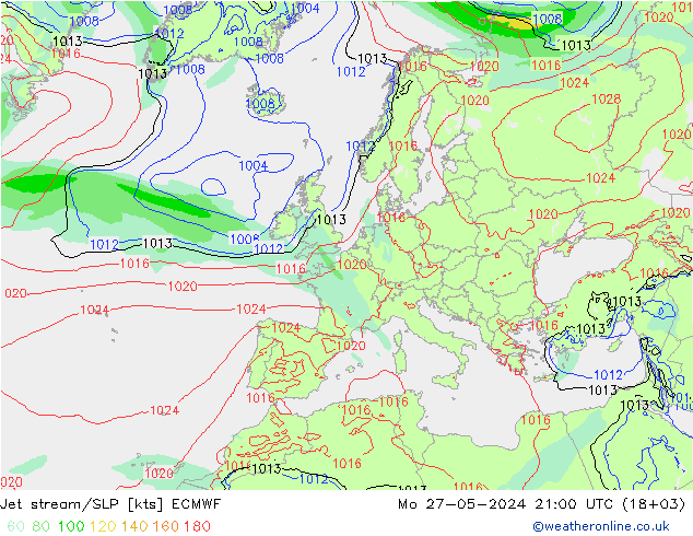 Prąd strumieniowy ECMWF pon. 27.05.2024 21 UTC