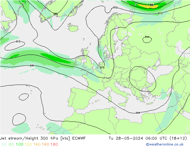 Jet stream/Height 300 hPa ECMWF Tu 28.05.2024 06 UTC