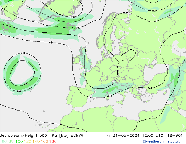 Jet stream/Height 300 hPa ECMWF Pá 31.05.2024 12 UTC