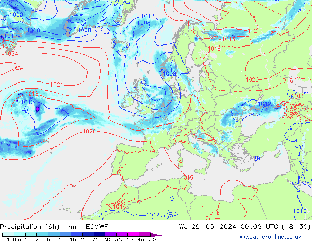 Z500/Rain (+SLP)/Z850 ECMWF mer 29.05.2024 06 UTC