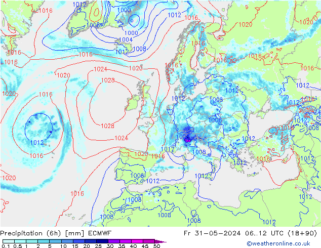 осадки (6h) ECMWF пт 31.05.2024 12 UTC