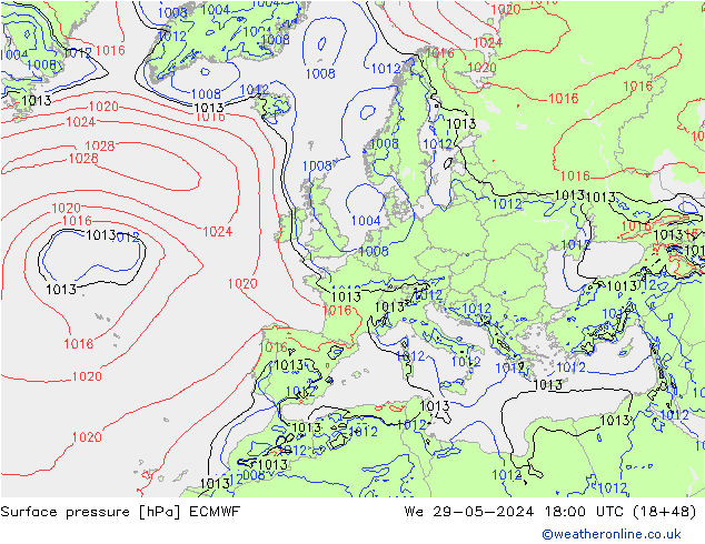 Presión superficial ECMWF mié 29.05.2024 18 UTC