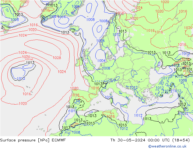 Pressione al suolo ECMWF gio 30.05.2024 00 UTC