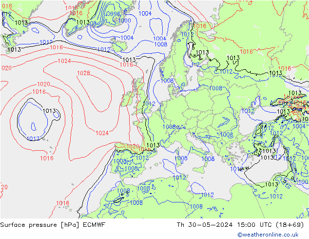 Surface pressure ECMWF Th 30.05.2024 15 UTC