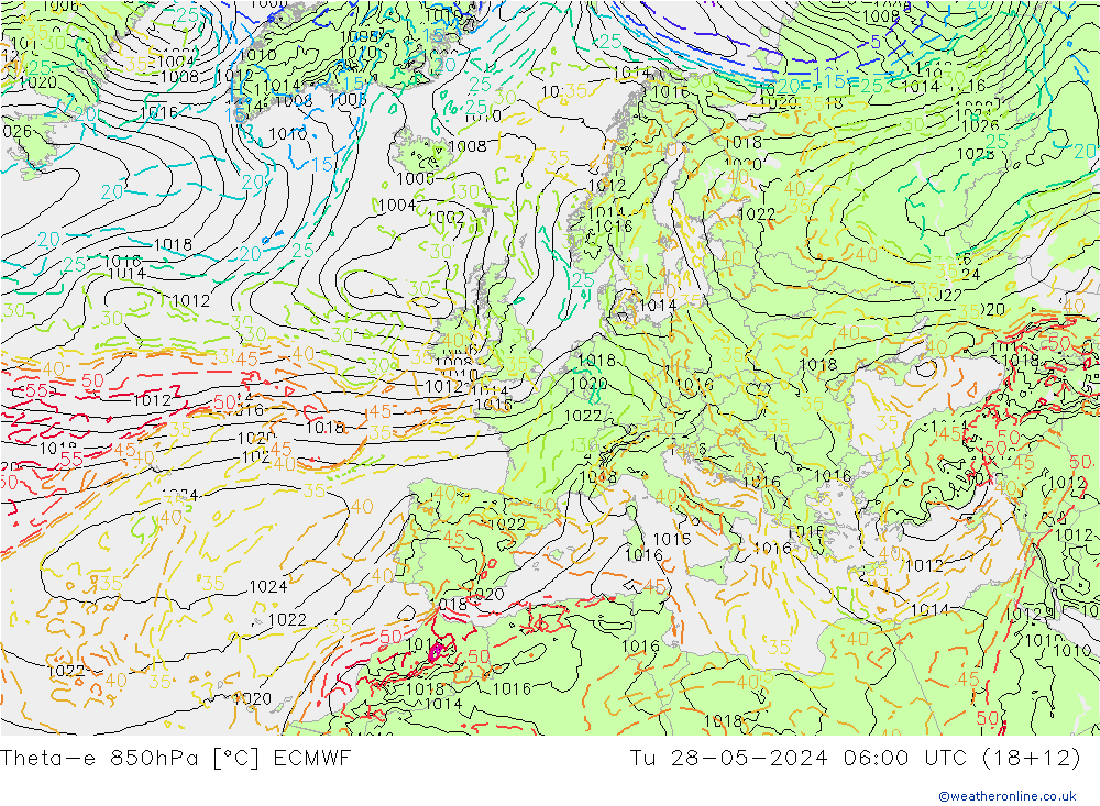 Theta-e 850hPa ECMWF Di 28.05.2024 06 UTC