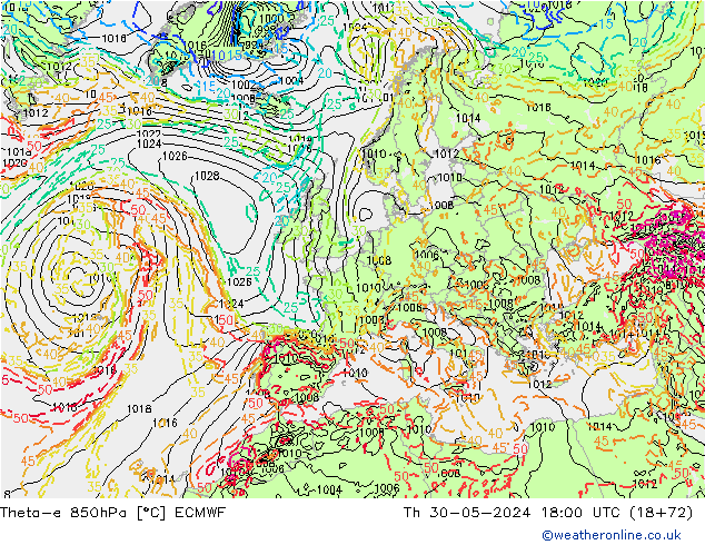 Theta-e 850hPa ECMWF Qui 30.05.2024 18 UTC