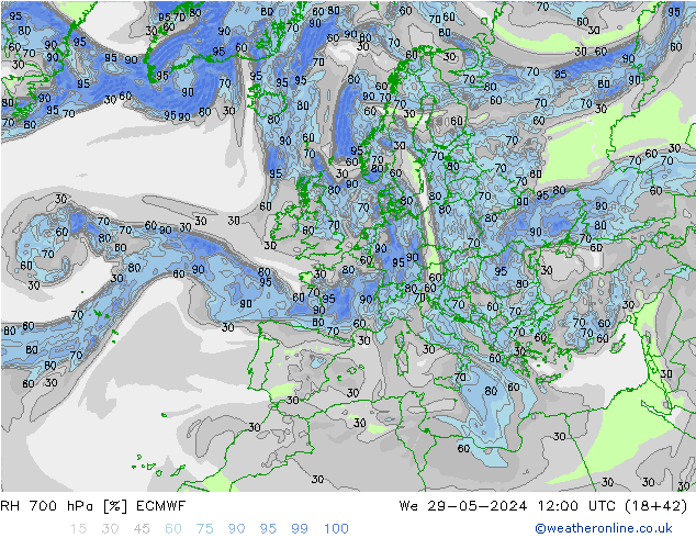 RH 700 hPa ECMWF We 29.05.2024 12 UTC