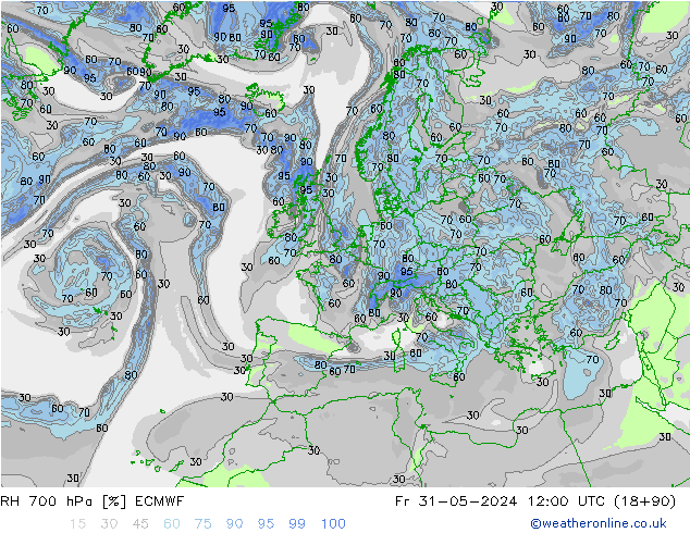 RH 700 hPa ECMWF Sex 31.05.2024 12 UTC