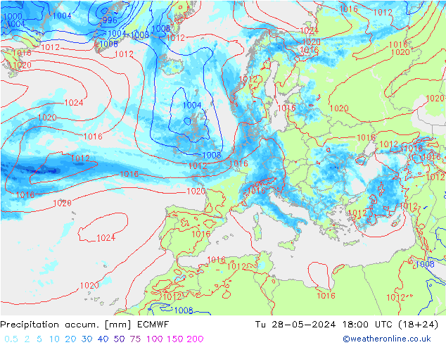 Précipitation accum. ECMWF mar 28.05.2024 18 UTC