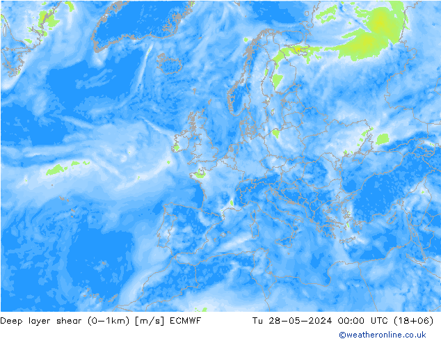 Deep layer shear (0-1km) ECMWF mar 28.05.2024 00 UTC