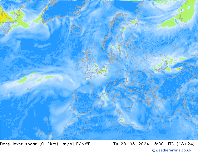 Deep layer shear (0-1km) ECMWF Tu 28.05.2024 18 UTC