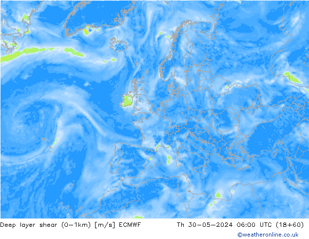 Deep layer shear (0-1km) ECMWF Th 30.05.2024 06 UTC