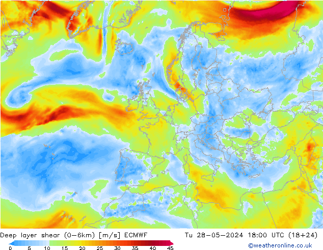 Deep layer shear (0-6km) ECMWF Út 28.05.2024 18 UTC