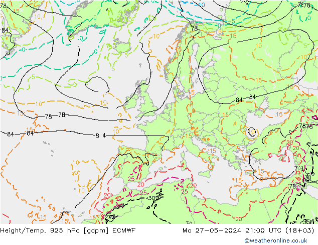 Height/Temp. 925 hPa ECMWF 星期一 27.05.2024 21 UTC