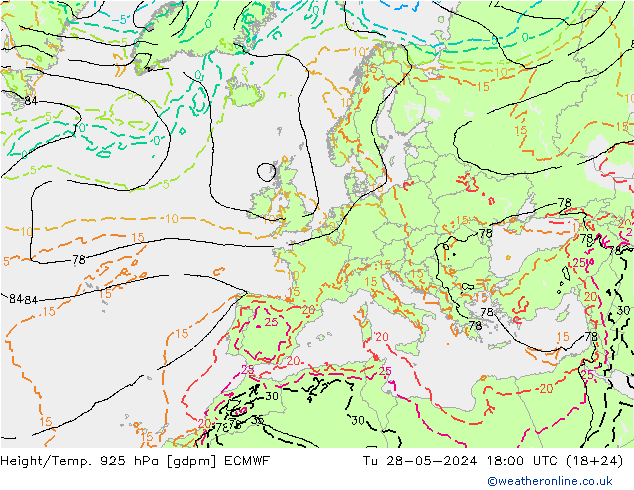Height/Temp. 925 hPa ECMWF Ter 28.05.2024 18 UTC