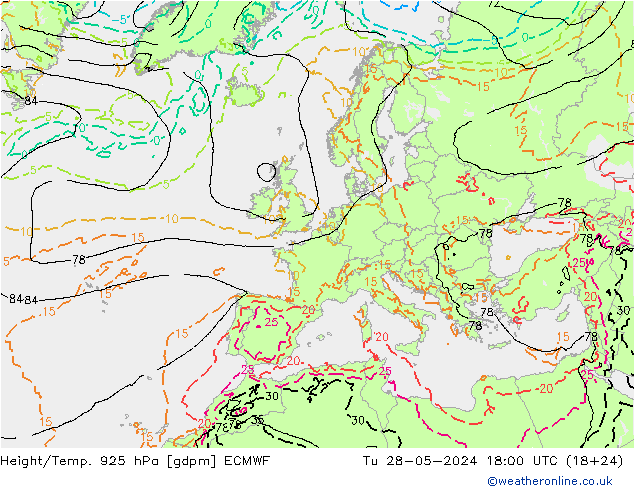 Yükseklik/Sıc. 925 hPa ECMWF Sa 28.05.2024 18 UTC