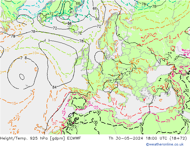Height/Temp. 925 hPa ECMWF czw. 30.05.2024 18 UTC
