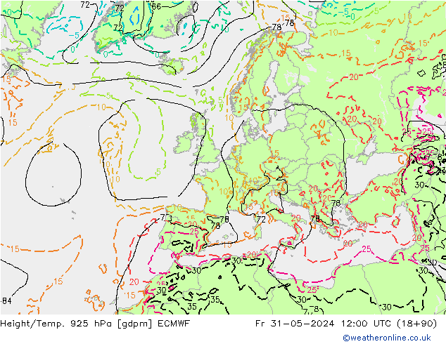 Height/Temp. 925 hPa ECMWF Fr 31.05.2024 12 UTC