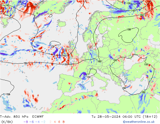 T-Adv. 850 hPa ECMWF Tu 28.05.2024 06 UTC