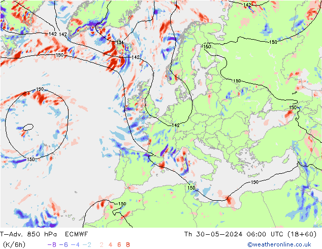 T-Adv. 850 hPa ECMWF Th 30.05.2024 06 UTC