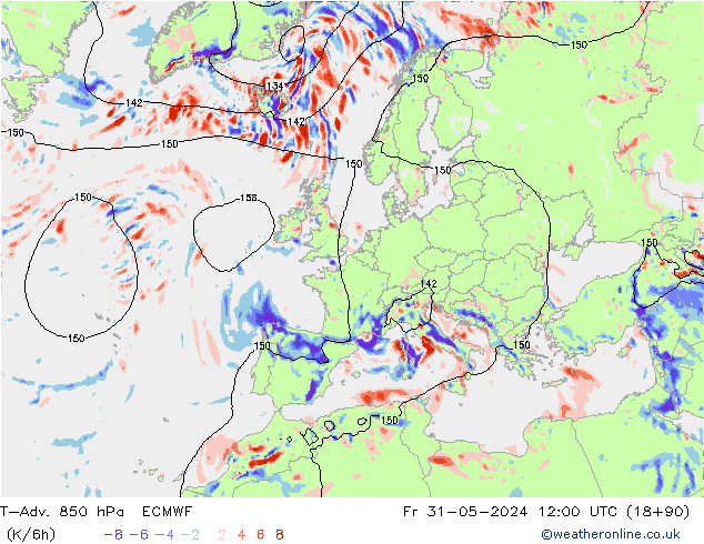 T-Adv. 850 hPa ECMWF Sex 31.05.2024 12 UTC