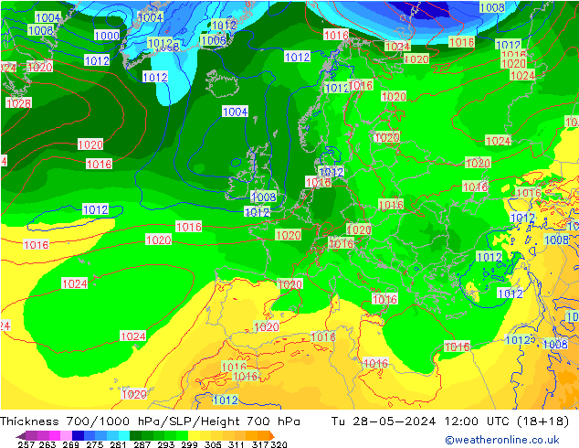 Thck 700-1000 hPa ECMWF mar 28.05.2024 12 UTC