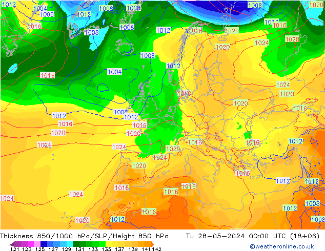 Dikte 850-1000 hPa ECMWF di 28.05.2024 00 UTC