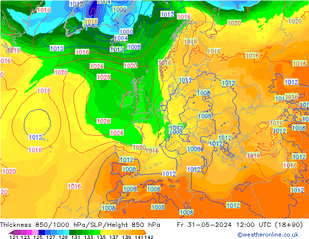 Thck 850-1000 hPa ECMWF Fr 31.05.2024 12 UTC