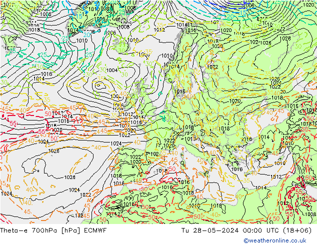 Theta-e 700hPa ECMWF wto. 28.05.2024 00 UTC