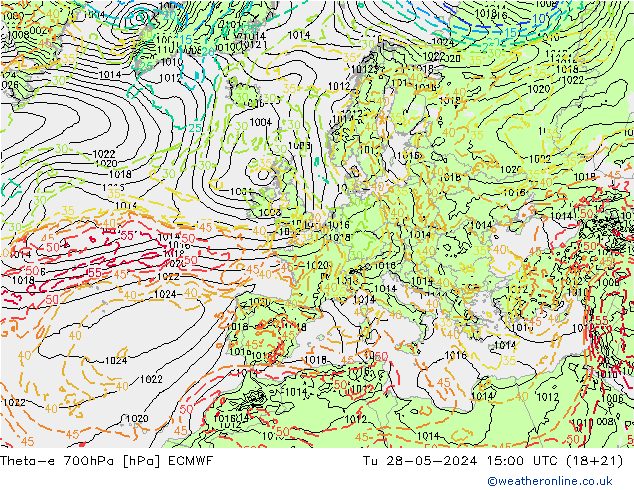 Theta-e 700hPa ECMWF Sa 28.05.2024 15 UTC