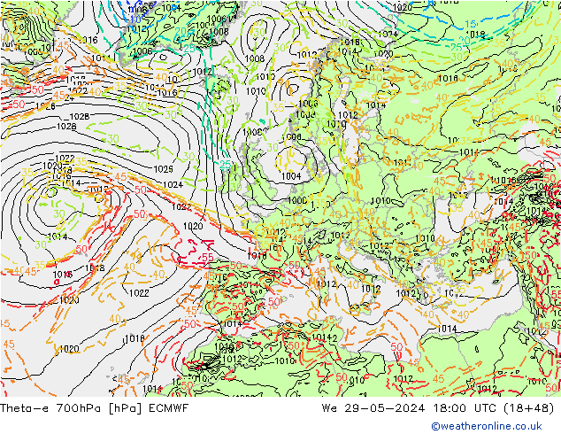 Theta-e 700hPa ECMWF St 29.05.2024 18 UTC