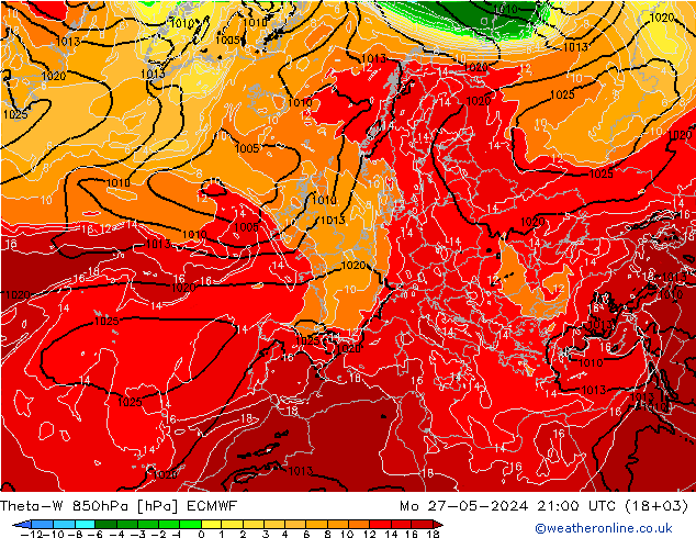 Theta-W 850hPa ECMWF pon. 27.05.2024 21 UTC