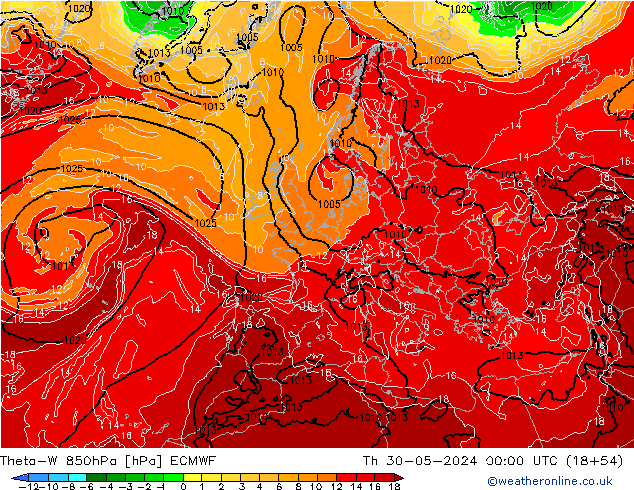 Theta-W 850hPa ECMWF Do 30.05.2024 00 UTC