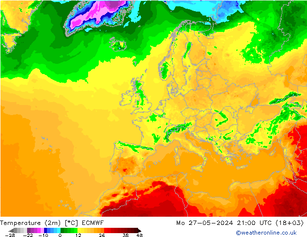 Temperature (2m) ECMWF Po 27.05.2024 21 UTC