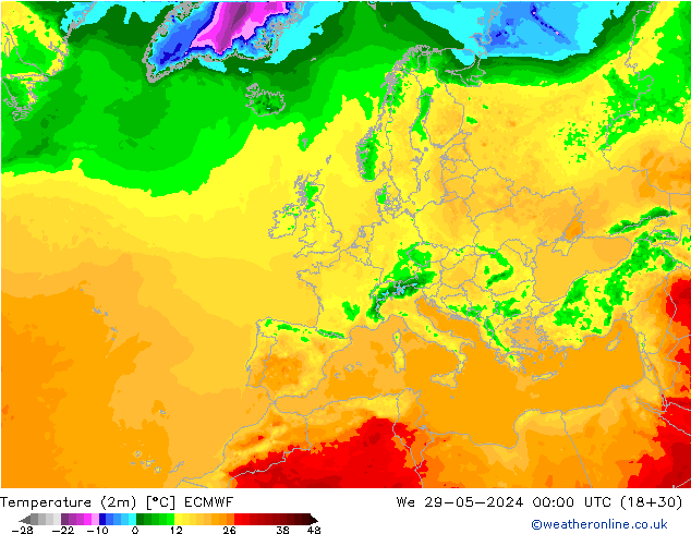 Temperatuurkaart (2m) ECMWF wo 29.05.2024 00 UTC