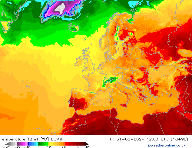 mapa temperatury (2m) ECMWF pt. 31.05.2024 12 UTC