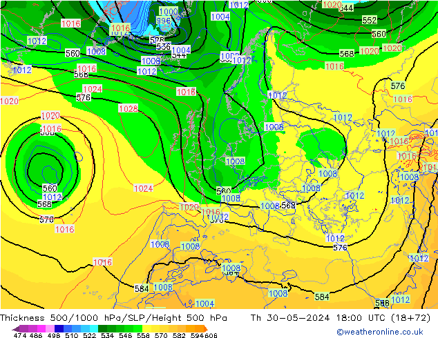 Thck 500-1000hPa ECMWF Qui 30.05.2024 18 UTC