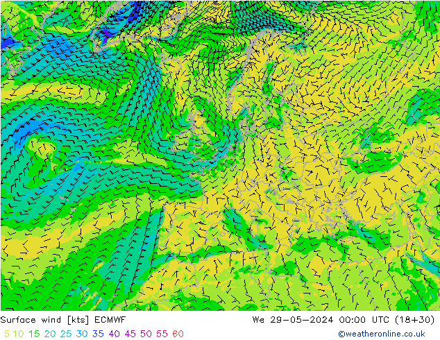 Vent 10 m ECMWF mer 29.05.2024 00 UTC