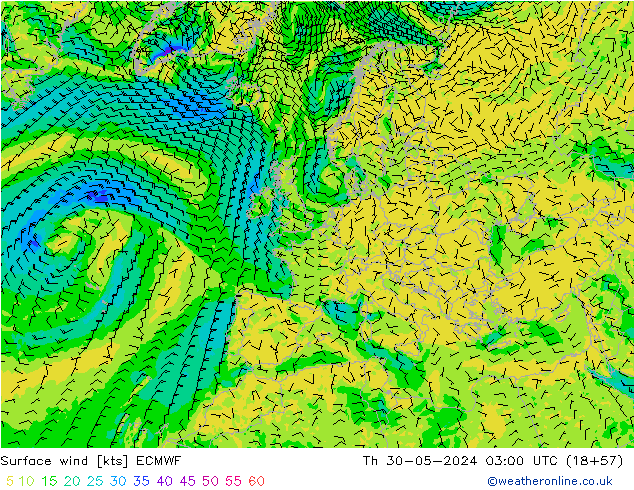 Surface wind ECMWF Čt 30.05.2024 03 UTC