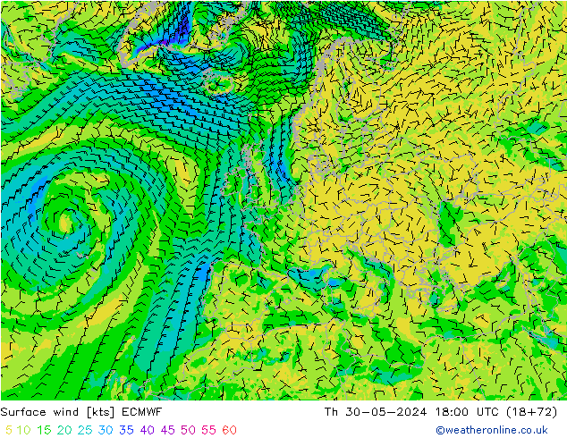 Vento 10 m ECMWF Qui 30.05.2024 18 UTC